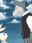 2020 3:4 absurd_res anthro arthropod artist_logo beady_eyes beastars beetle biped black_nose bottomwear canid canine canis clothed clothing cloud collared_shirt crescent_moon detailed_background digital_media_(artwork) dress_shirt duo dusk elateroid eye_bags eye_contact fangs female firefly fur grey_body grey_fur hand_in_pocket haru_(beastars) hi_res inner_ear_fluff insect lagomorph larger_anthro larger_male legoshi_(beastars) leporid logo looking_at_another looking_down_at_another looking_up_at_another male mammal moon multicolored_body multicolored_fur necktie night pants pockets rabbit shirt side_view size_difference sky sky_background skyscape smaller_anthro smaller_female smile smiling_at_another squeeeshie standing teeth topwear tuft two_tone_body two_tone_fur white_body white_fur wolf