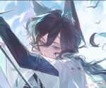  1boy animal_ears aqua_eyes aqua_hair black_hair black_shirt cat_boy cat_ears chinese_commentary cloak cloud colored_inner_hair day hair_between_eyes hair_ornament hairclip half-closed_eyes hands_up highres holding holding_sword holding_weapon layered_sleeves long_bangs long_sleeves looking_to_the_side low_ponytail male_focus multicolored_hair original parted_lips pathologicaldiagnosis ponytail portrait reverse_grip shirt solo sword watermark wavy_hair weapon weibo_watermark white_cloak wide_sleeves x_hair_ornament 