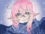  1girl blue_eyes blue_sweater chinese_commentary commentary_request dai3844152 elf elysia_(honkai_impact) highres honkai_(series) honkai_impact_3rd long_hair looking_at_viewer pink_hair pink_pupils pointy_ears pov smile snowing solo sweater turtleneck turtleneck_sweater upper_body 