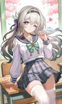  1girl black_hairband blush bow breasts checkered_bow checkered_clothes checkered_skirt cherry_blossoms closed_mouth collarbone falling_petals firefly_(honkai:_star_rail) firefly_(spring_missive)_(honkai:_star_rail) gradient_hair green_bow grey_hair grey_skirt hair_between_eyes hair_ornament hairband heart highres honkai:_star_rail honkai_(series) long_hair long_sleeves looking_at_viewer medium_breasts multicolored_hair official_alternate_costume one_eye_closed orange_eyes petals school_uniform signature skirt smile solo thick_thighs thighhighs thighs white_thighhighs zettai_ryouiki zhaohua 
