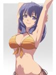  1girl armpit_crease armpits bikini border breasts chiharu_(9654784) cleavage dress eiyuu_densetsu front-tie_bikini_top front-tie_top gradient_background grey_background hair_between_eyes highres kai_no_kiseki kuro_no_kiseki_(series) large_breasts long_hair looking_at_viewer navel purple_eyes purple_hair rixia_mao sidelocks simple_background smile solo stretching swimsuit two-tone_background upper_body white_border 