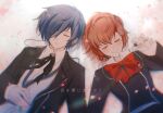  1boy 1girl absurdres black_jacket black_ribbon blue_hair blurry brown_hair closed_eyes commentary_request depth_of_field gekkoukan_high_school_uniform headphones highres jacket libertyp long_sleeves lying neck_ribbon on_back parted_lips persona persona_3 persona_3_portable pink_petals red_ribbon ribbon school_uniform shiomi_kotone shirt short_hair smile translation_request white_shirt yuuki_makoto_(persona_3) 
