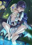  1boy 1girl animal_print aqua_sleeves armor barefoot bird_print black_bodysuit black_bridal_gauntlets black_corset black_hair black_shorts blonde_hair blue_cape blue_eyes blue_flower blue_trim blunt_ends blush bodysuit breasts bridal_gauntlets cape closed_mouth corset couple crystalfly_(genshin_impact) dress eyelashes eyeliner eyeshadow fingernails fireflies flower furisode genshin_impact gold gold_ring gold_trim grey_pupils hair_flower hair_intakes hair_ornament hakama hakama_shorts hand_on_another&#039;s_back hand_on_another&#039;s_shoulder hand_up hetero highres japanese_armor japanese_clothes kimono kote kurokote legs_together looking_at_another lumine_(genshin_impact) makeup mandarin_collar medium_breasts middle_ring multicolored_flower night night_sky open_mouth outdoors pink_nails pleated_shorts pom_pom_(clothes) red_eyeliner red_eyeshadow reflection reflective_water scaramouche_(genshin_impact) short_hair short_hair_with_long_locks shorts sideboob sidelocks sitting sitting_between_lap sky smile snow20200 star_(sky) starry_sky sumeru_rose_(genshin_impact) tent twitter_username wading wanderer_(genshin_impact) watermark wet white_dress white_flower white_sleeves white_trim wispy_bangs yellow_eyes yellow_flower yokozuwari 