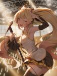  1girl ;d absurdres ahoge armpits blonde_hair breasts collared_shirt grey_shirt hair_ornament highres holding holding_microphone_stand hololive jesslapt long_hair microphone microphone_stand necktie one_eye_closed otonose_kanade pleated_skirt salute shirt sideboob sidelocks skirt smile solo swept_bangs teeth thighhighs upper_teeth_only yellow_necktie yellow_trim 