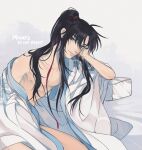  1boy abs ahoge alternate_costume artist_name bare_legs bare_pectorals bed_sheet bishounen black_hair chinese_clothes closed_mouth collarbone english_commentary grey_eyes hair_ribbon hand_on_own_face hanfu head_rest head_tilt implied_yaoi long_hair looking_at_viewer male_focus minataka94 modao_zushi naked_robe nipples off_shoulder on_bed open_clothes open_robe partially_undressed pectorals pillow ponytail red_ribbon ribbon robe robe_partially_removed sidelocks simple_background single_bare_shoulder sitting smile solo wei_wuxian white_hanfu 