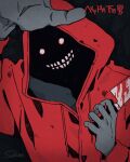  1boy artist_name axeman_(toshi_densetsu_kaitai_center) black_background blood blood_on_knife coat commentary_request face_in_shadow hands_up holding holding_knife hood hood_up hooded_coat horror_(theme) knife looking_at_viewer male_focus red_coat seikoo_caffeine smile solo teeth toshi_densetsu_kaitai_center translation_request upper_body white_eyes 