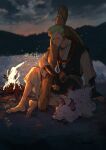  1boy animal arm_support barefoot bead_necklace beads campfire earrings fox full_body green_eyes green_hair hat_on_back highres japanese_clothes jewelry male_focus necklace night one_piece plytometo roronoa_zoro short_hair sideburns sitting 