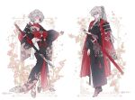  1boy 1girl armor berry black_shoes bow camellia clothing_request commentary commission double-parted_bangs dress embroidery eyepatch floral_background flower flower_request full_body gem gold_embroidery green_eyes grey_hair hand_on_hilt holding holding_sword holding_weapon katana lemon89h looking_at_viewer original ponytail red_bow red_flower red_gemstone sageo shoes short_hair shoulder_armor sidelocks solo standing sword tassel wavy_hair weapon 