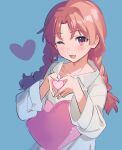  1girl ;d alternate_hairstyle blue_background braid brown_eyes brown_hair collared_shirt commentary_request heart heart-shaped_pillow heart_hands highres labixiaohua long_hair long_sleeves one_eye_closed pillow shirai_kuroko shirt smile solo toaru_kagaku_no_railgun toaru_majutsu_no_index twin_braids white_shirt 
