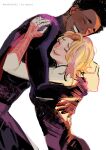  1boy 1girl artist_name babi0308 black_bodysuit black_hair blonde_hair bodysuit chinese_commentary closed_eyes commentary_request dark-skinned_male dark_skin gwen_stacy hetero hood hooded_bodysuit hug marvel miles_morales multicolored_bodysuit open_mouth pink_bodysuit red_bodysuit short_hair simple_background smile spider-gwen spider-man:_into_the_spider-verse spider-man_(miles_morales) spider-man_(series) spider-verse spider_web_print standing superhero_costume teeth two-tone_bodysuit white_background white_bodysuit 