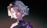  1boy amethio_(pokemon) bright_pupils closed_mouth collared_shirt commentary_request copituji grey_shirt highres looking_down loose_hair_strand male_focus multicolored_hair pokemon pokemon_(anime) pokemon_horizons purple_eyes shirt short_hair solo two-tone_hair upper_body white_pupils 