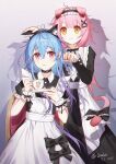  2girls absurdres animal_ear_fluff animal_ears apron arknights black_bow black_bowtie black_choker bow bowtie choker collar colored_tips dress fake_animal_ears flat_chest frilled_apron frilled_collar frilled_dress frills goldenglow_(arknights) gradient_hair highres itsuka_(pixiv90988220) long_hair looking_at_viewer maid maid_headdress mizuki_(arknights) multicolored_hair multiple_girls orange_eyes pink_eyes pink_hair smile standing tail very_long_hair 
