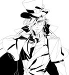  bad_id bad_pixiv_id by_esc cape facial_hair fate/zero fate_(series) goatee greyscale hat high_contrast male_focus monochrome monocle solo toosaka_tokiomi top_hat 