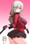  2girls ass black_gloves black_skirt blush bra breasts brown_eyes brown_hair girls_und_panzer gloves hand_fan highres holding holding_fan jacket large_breasts long_hair looking_at_another looking_at_viewer mother_and_daughter multiple_girls panties red_bra red_jacket red_panties shimada_arisu shimada_chiyo simple_background skirt smile underwear yts_takana 