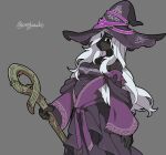  1girl black_eyes black_skin breasts colored_skin cowboy_shot dress elden_ring elden_ring_nightreign grey_dress hair_over_one_eye hat highres holding holding_staff kekeken looking_at_viewer medium_breasts off-shoulder_dress off_shoulder purple_dress purple_hat recluse_(elden_ring) simple_background solo staff wide_sleeves witch witch_hat 