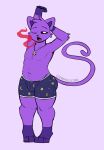 2025 absurd_res an0malyz3r0 anthro arm_tuft biped black_sclera bulge catnap_(poppy_playtime) cheek_tuft clothing domestic_cat elbow_tuft facial_tuft featureless_chest felid feline felis fur fur_markings fur_tuft gloves_(marking) head_tuft hi_res jewelry leg_markings long_tail male mammal markings mob_entertainment navel necklace one_eye_closed open_mouth pecs poppy_playtime purple_body purple_fur simple_background smiling_critters socks_(marking) solo standing stretching tail tired tongue tuft underwear white_eyes