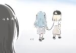  3girls bang_dream! bang_dream!_it&#039;s_mygo!!!!! baseball_cap black_hair black_hat blonde_hair blue_hair brown_skirt grey_skirt hat holding holding_leash leash long_hair lyy misumi_uika multiple_girls shiina_taki shirt short_sleeves simple_background skirt togawa_sakiko two_side_up white_background white_shirt yuri 