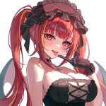  1girl absurdres akane_lize bare_shoulders black_choker black_gloves black_shirt breasts choker cleavage commentary cross fang fangs gloves hand_up headdress highres index_finger_raised korean_commentary large_breasts long_hair looking_at_viewer mole mole_under_eye multicolored_hair open_mouth red_eyes red_hair shirt simple_background smile solo stellive strapless strapless_shirt streaked_hair tongue tongue_out tube_top twintails upper_body virtual_youtuber white_background wings yulha_06 