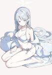  1girl absurdres bikini blue_archive blush braid breasts cleavage floral_print floral_print_kimono flower hair_ornament hair_over_shoulder halo hand_on_lap highres japanese_clothes jewelry kimono long_hair nagusa_(blue_archive) nagusa_(swimsuit)_(blue_archive) navel necklace official_alternate_costume open_clothes parted_bangs print_kimono seiza sideboob sitting snowflake_hair_ornament solo swimsuit tamago_(eva1314056) thick_eyelashes white_background white_bikini white_eyes white_hair white_halo white_kimono 