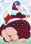 2023 anthro barefoot belly beverage big_belly big_butt biped blue_hair blue_spots blush blush_lines bottomwear burger butt cankles clothed clothing cloud collar crop_top digital_media_(artwork) dipstick_tail drinking_straw eyewear fat_legs feet female food full-length_portrait fur glasses grass grease hair hi_res holding_beverage holding_burger holding_disposable_cup holding_food holding_object hotpants huge_butt huge_hips huge_thighs keithi mammal markings morbidly_obese morbidly_obese_anthro morbidly_obese_female multicolored_body mustelid obese obese_anthro obese_female otter outside overweight overweight_anthro overweight_female plant portrait rear_view red_body red_fur round_glasses shirt short_tail shorts signature sky sky_background skyscape solo spiky_hair spots squeeeshie standing surprise tail tail_markings tan_body tan_fur thick_thighs topwear torn_bottomwear torn_clothing torn_shorts wardrobe_malfunction wearing_glasses wide_hips