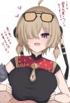  1boy 1girl acht_ao bar_censor breasts brown_hair censored eyewear_on_head grabbing_own_breast hair_over_one_eye heart highres large_breasts looking_at_viewer open_mouth out_of_frame paid_reward_available paizuri paizuri_under_clothes penis pov purple_eyes simple_background sleeveless sweety_(zenless_zone_zero) tinted_eyewear translation_request white_background yellow-tinted_eyewear zenless_zone_zero 