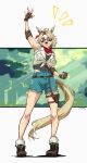  1girl absurdres animal_ears armpits bandaid bandaid_on_face bandaid_on_nose black_undershirt blonde_hair boots denim denim_shorts elbow_pads fingerless_gloves forest front-tie_top glasses gloves highres hip_strap horse_ears horse_girl horse_tail light_rays nature open_mouth ringring_(artist) scarf short_hair shorts sleeveless socks solo sunbeam sunlight tail torn_clothes torn_shorts tree tucker_bryne_(umamusume) umamusume waving 