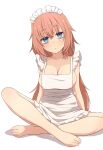  1girl absurdres apron bags_under_eyes barefoot blue_eyes breasts cleavage closed_mouth collarbone commentary_request hair_between_eyes highres large_breasts legs long_hair looking_at_viewer maid_apron maid_headdress michinoku_komaro na-suke naked_apron pink_hair seitokai_ni_mo_ana_wa_aru! sideboob simple_background sitting solo white_apron white_background 
