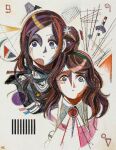  2girls abstract aged_down artist_name brown_hair chippycore closed_mouth collar commentary dual_persona english_commentary faux_traditional_media hair_bun highres kurashiki_akane kyokugen_dasshutsu kyokugen_dasshutsu:_9_jikan_9_nin_9_no_tobira long_hair looking_at_viewer multiple_girls portrait purple_eyes scarf signature single_hair_bun single_side_bun variant_set white_background 