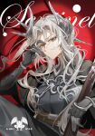  1girl absurdres belt black_cape black_gloves black_jacket brown_belt cape character_name gloves grey_hair gun hair_ornament hand_on_own_head highres jacket long_hair looking_at_viewer military_uniform red_background red_eyes reverse:1999 rifle sentinel_(reverse:1999) shadow solo spotlight upper_body weapon xixifusi_de_hualun 