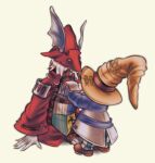  1boy 1girl blue_coat brown_shoes closed_eyes coat collared_coat colored_skin commentary english_commentary final_fantasy final_fantasy_ix freesiavacadoo freija_crescent furry furry_female grey_skin hands_on_another&#039;s_face hat highres kneeling long_sleeves mouse_girl pants red_coat red_hat shoes simple_background sleeve_cuffs standing straw_hat striped_clothes striped_pants vivi_ornitier wing_collar winged_hat yellow_hat 