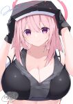 1girl absurdres adjusting_eyewear artist_name bare_shoulders black_gloves black_sports_bra blue_archive blush breasts cleavage closed_mouth collarbone eimi_(blue_archive) gloves halo highres huge_breasts jam_(jamjam777) long_hair looking_at_viewer pink_eyes pink_hair pink_halo simple_background singaporean_flag solo sports_bra white_background 