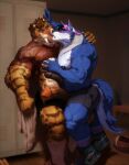 anthro anthro_on_anthro barazoku big_fangs black_bottomwear black_clothing black_hair black_nipples black_penis blue_body blue_fur bodily_fluids bottomwear brown_hair brown_penis canid canine clothing dripping duo dust_yang eyes_closed fangs felid french_kissing fur genital_fluids genitals green_eyes hair hi_res humanoid_genitalia humanoid_penis inside kissing locker_room male male/male mammal muscular muscular_anthro muscular_male nipple_piercing nipple_ring nipples orange_body orange_fur pec_grab pecs penis piercing precum precum_drip red_clothing red_shirt red_t-shirt red_topwear ring_piercing shirt short_hair spotted_arms spotted_legs standing striped_arms striped_legs t-shirt teeth topwear vein veiny_penis white_body white_fur