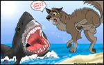  ambiguous_gender anus attack balls balto balto_(film) canine crossover dog english_text feral fish great_white_shark kf_furry_design lens_flare mammal marine open_mouth scared shark sweat sweatdrop teeth text tight_ass water 