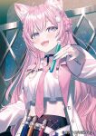  1girl animal_ear_fluff animal_ears antenna_hair belt black_shirt blush collared_shirt commentary_request cropped_shirt double-parted_bangs fang gradient_eyes hair_ornament hakui_koyori hakui_koyori_(1st_costume) holding holding_test_tube hololive koh_rd long_eyelashes long_hair looking_at_viewer loose_necktie midriff mixed-language_commentary multicolored_eyes nail_polish necktie official_art pink_hair pink_nails pink_necktie pleated_skirt shirt skirt solo test_tube very_long_hair virtual_youtuber white_shirt wolf_ears wolf_girl 