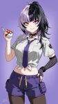  1girl absurdres alternate_costume arm_warmers black_arm_warmers black_hair black_nails brown_pantyhose collared_shirt grey_shirt highres holding holding_poke_ball hololive hololive_english looking_at_viewer multicolored_hair navel necktie pantyhose poke_ball pokemon purple_necktie purple_shorts shiori_novella shirt shorts single_arm_warmer solo split-color_hair striped_arm_warmers tied_shirt two-tone_hair virtual_youtuber vkyo white_hair yellow_eyes 