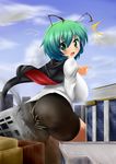  1girl alternate_breast_size antennae ass breasts building cape dautsen destruction giantess green_eyes green_hair highres huge_breasts impossible_clothes impossible_shirt open_mouth shirt solo surprised touhou wriggle_nightbug 