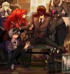  2boys 4girls ? angela_(project_moon) angelica_(project_moon) arczaeon argalia_(project_moon) ascot black_gloves black_hair black_necktie black_pants black_suit blue_hair chibi gebura_(project_moon) gloves highres indoors library_of_ruina long_hair meme multiple_boys multiple_girls necktie pants parody ponytail project_moon red_eyes red_hair roland_(project_moon) short_hair sitting suit white_ascot white_hair 