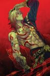  1boy abs arm_tattoo arm_up armlet black_coat black_pants blonde_hair blood blood_from_mouth braid chest_tattoo clawed_gauntlets coat commentary english_commentary facial_tattoo faithom gradient_hair hair_between_eyes hand_on_own_head hand_up highres honkai:_star_rail honkai_(series) jewelry looking_at_viewer male_focus medium_hair multicolored_hair mydei_(honkai:_star_rail) open_clothes open_coat pants red_hair red_tattoo side_braid solo tattoo toned toned_male yellow_blood yellow_eyes 