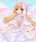  1girl alternate_costume blonde_hair blue_eyes blush bow bridal_veil commentary_request dress dress_flower fairy fairy_wings flower hair_bow highres lily_white long_hair looking_at_viewer marker_(medium) open_mouth see-through_clothes see-through_veil signature skirt_hold smile solo touhou traditional_media veil very_long_hair wedding_dress white_bow white_dress white_veil wings yuuki_hana_(jtnp5334) 