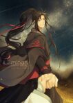  2boys ahoge artist_name black_hair black_hanfu character_name chinese_clothes closed_eyes dated english_commentary floating_clothes floating_hair grin hair_ribbon hanfu happy_birthday high_ponytail holding_hands implied_yaoi lan_wangji long_hair long_sleeves looking_at_viewer male_focus minataka94 modao_zushi multiple_boys night night_sky out_of_frame outdoors ponytail pov pov_hands red_ribbon red_sash ribbon robe sash shooting_star sidelocks sky sleeves_past_wrists smile solo_focus standing star_(sky) starry_sky very_long_hair watermark wei_wuxian white_hanfu wide_sleeves wind 