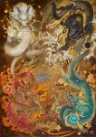  antlers black_dragon_(kemono_friends) blue_dragon_(kemono_friends) blue_eyes blue_hair cherry_blossoms claws dragon dragon_ears dragon_horns dragon_tail eastern_dragon fire highres holding holding_orb horns kemono_friends kemono_friends_3 long_hair looking_at_viewer mane open_mouth red_dragon_(kemono_friends) sa_n_sa scale_print scales tail waves whiskers white_dragon_(kemono_friends) 