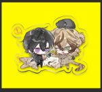  2boys animal animal_on_head black_border black_hair blonde_hair border brown_hair cat chibi chibi_only collared_shirt earrings green_eyes hair_between_eyes jacket jewelry leopard long_sleeves male_focus multicolored_hair multiple_boys musical_note on_head one_eye_closed open_clothes original panties pants purple_eyes qyzhiaiyisheng shirt short_hair smile speech_bubble spoken_musical_note streaked_hair striped_clothes striped_panties tail underwear virtual_youtuber yellow_background 