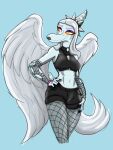 2024 3:4 alternate_costume anthro armwear biped black_lipstick blue_background blue_body blue_scales bone bone_frill bottomwear breasts claws clothed clothed_anthro clothed_female clothing collar colored eyeshadow fang_(gvh) feathered_wings feathers female finger_claws fingers fishnet_armwear fishnet_clothing fishnet_leggings fishnet_legwear frill_(anatomy) front_view goodbye_volcano_high grey_body grey_feathers grey_hair hair hand_on_hip happy head_turned hi_res hotpants humanoid_hands jewelry kaewhy leggings legwear lipstick long_hair looking_aside low-angle_view makeup markings medium_breasts midriff navel necklace non-mammal_breasts orange_eyes portrait pose prehistoric_species pterodactylus pterosaur reptile scales scalie shorts simple_background skull small_waist smile solo spiked_collar spikes striped_markings stripes three-quarter_portrait torn_armwear torn_clothing wings