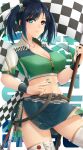  1girl absurdres blue_hair boots breasts cleavage crop_top flag green_eyes green_nails highres holding holding_flag kantai_collection looking_at_viewer midriff miniskirt pencil_skirt race_queen seiya_(iiseven) skirt smile solo souryuu_(kancolle) two_side_up white_boots zipper 