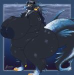 2021 abstract_background absurd_res accessory anthro aquatic_dragon areola artist_logo belly big_areola big_belly big_breasts big_tail biped black_body black_scales blue_areola blue_body blue_scales blue_sclera breasts claws curvy_figure digitigrade dragon dreadlocks facial_horn fangs fat_arms female full-length_portrait genitals hair_accessory hi_res holding_breast horn huge_areola huge_breasts huge_hips huge_thighs inverted_nipples logo looking_at_viewer love_handles marine multicolored_body multicolored_scales mythological_creature mythological_scalie mythology navel nipples nose_horn obese obese_anthro obese_female overweight overweight_anthro overweight_female portrait scales scalie solo spiked_tail spikes spikes_(anatomy) squeeeshie standing tail teeth thick_thighs three-quarter_view vulva water_background white_body white_scales wide_hips yellow_claws yellow_eyes