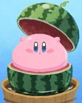  blue_background blue_eyes blush_stickers commentary food fruit highres in_food kirby kirby_(series) looking_at_viewer miclot no_humans simple_background solo symbol-only_commentary watermelon 
