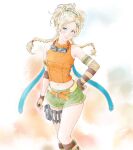  1girl absurdres belt blonde_hair blush breasts closed_mouth final_fantasy final_fantasy_x fingerless_gloves gloves green_eyes green_shorts hair_ornament highres lips looking_at_viewer midriff momo_oddeye navel rikku_(ff10) short_hair short_shorts shorts x_hair_ornament 