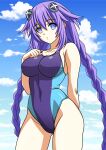  1girl absurdres blue_eyes blue_one-piece_swimsuit blue_sky braid breasts choujigen_game_neptune cloud competition_swimsuit contrapposto covered_navel highres large_breasts long_hair looking_at_viewer neptune_(series) one-piece_swimsuit power_symbol-shaped_pupils purple_hair purple_heart_(neptunia) sky solo standing swimsuit symbol-shaped_pupils twin_braids two-tone_swimsuit very_long_hair yuuyuu_(3jjbn) 