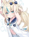  1girl adjusting_hair ahoge animal_ear_fluff animal_ears arms_up bikini bikini_under_shorts blonde_hair blue_bikini blue_eyes blue_hair blush breasts cat_ears dress fang fins fish_girl fish_tail highres hururu_(vldptmxk1054) indie_virtual_youtuber long_hair looking_at_viewer low_twintails multicolored_hair one_side_up sameko_saba short_shorts shorts skin_fang sleeveless sleeveless_dress small_breasts smile solo streaked_hair swimsuit tail twintails very_long_hair virtual_youtuber white_dress white_shorts 