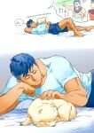  1boy animal barefoot bed blue_eyes blue_hair blue_shirt blue_shorts commentary_request dog dreaming half-closed_eye hand_on_own_cheek hand_on_own_face highres leg_hair licking licking_another&#039;s_face looking_at_animal lying male_focus matsuda_ryota muscular muscular_male on_bed on_side petting pomeranian_(dog) saliva shirt short_hair shorts sleeping t-shirt toshi_densetsu_kaitai_center translation_request yochiyochi 